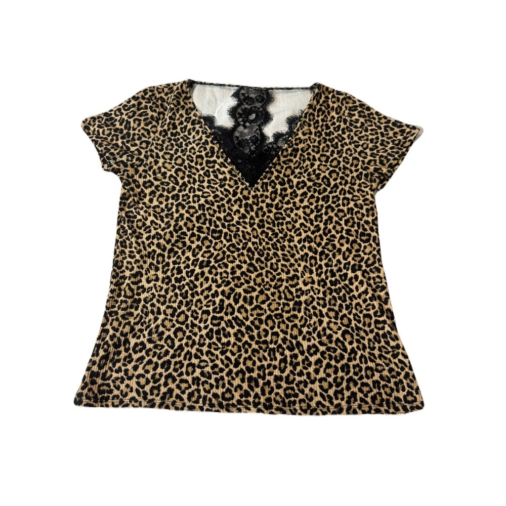 Daytrip Leopard Print Glam Rocker Edgy Layering Lace Back V-Neck Top Size S